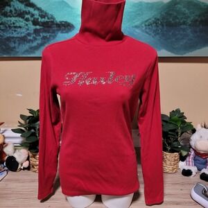 Harley Davidson Women Red Rhinestone Turtleneck Long Sleeve Shirt XL rib stretch